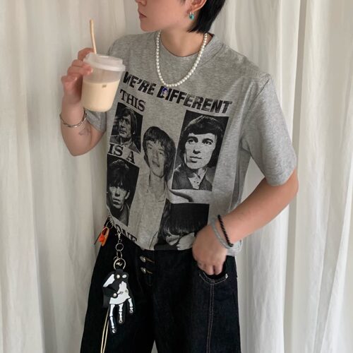 老鼻嘎复古boxy夏季乐队印花人像小领口cleanfit短袖小个子短版男