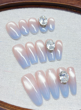 【蓝雾】纯手工穿戴甲冰透渐变蓝色猫眼大闪钻清轻奢气质温婉美甲