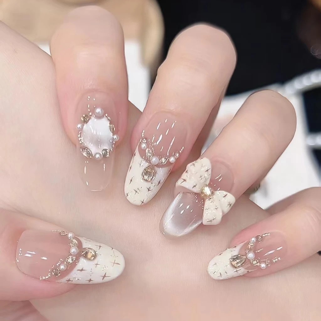 【奶油小香】时尚清新法式猫眼纯手工穿戴甲高级纯欲显白成品美甲