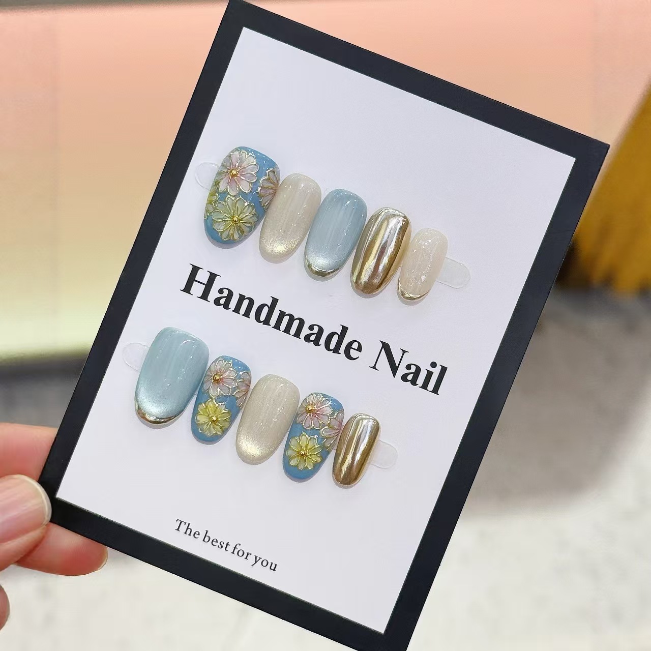 【汀兰】手绘掐丝小雏菊玻璃珠猫眼手工穿戴甲魔镜粉高级显白美甲