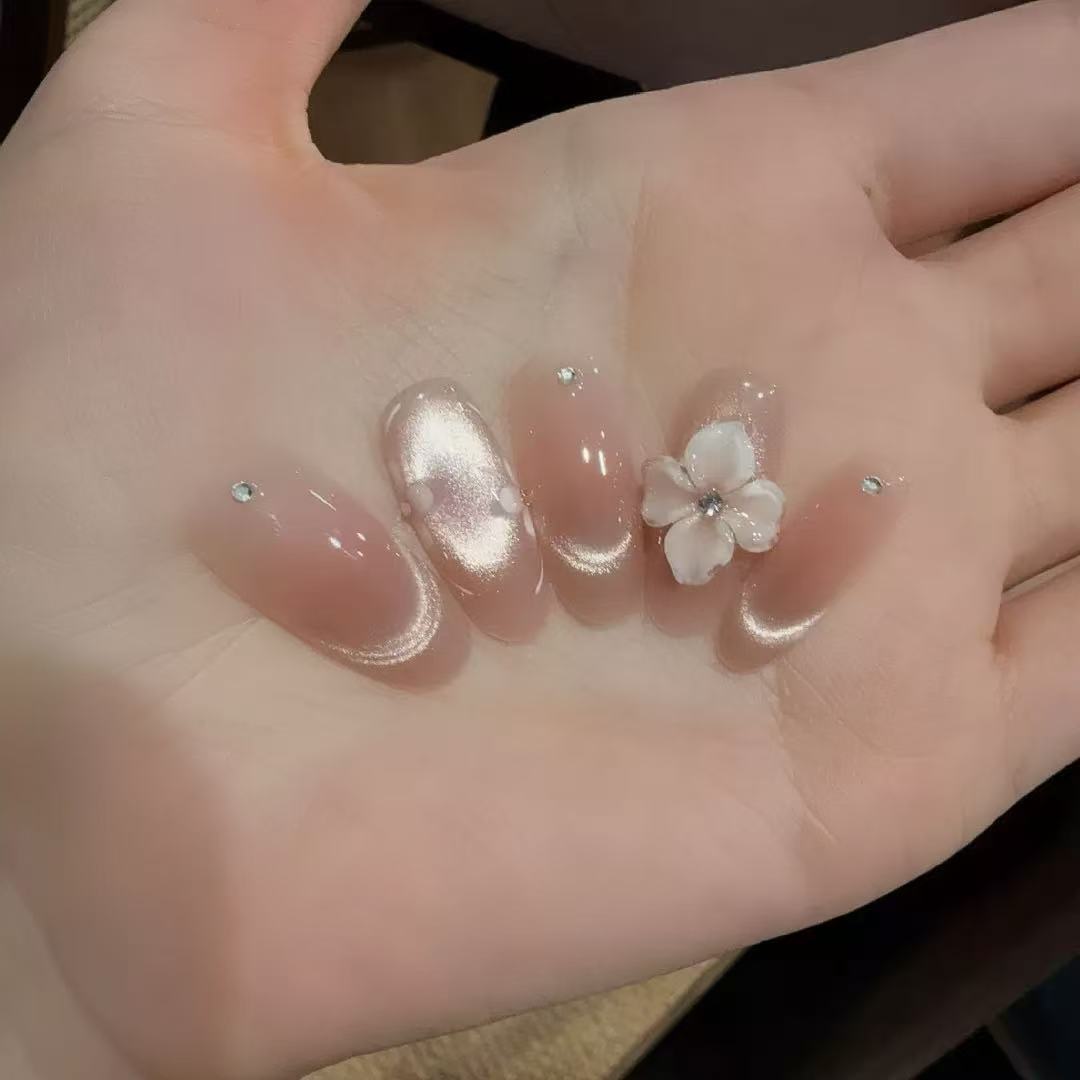 【冰冻花】清冷冰透腮红猫眼纯手工穿戴甲粉色雕花温柔显白美甲贴