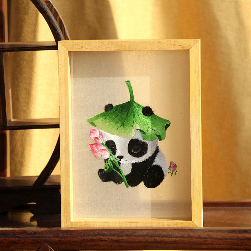 【清仓】熊猫手工双面绣蜀绣中国风特色松木家居摆件成都小礼品