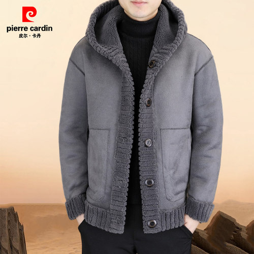 皮尔卡丹秋冬季男士外套新款加羊毛保暖皮毛一体连帽夹克男款外套