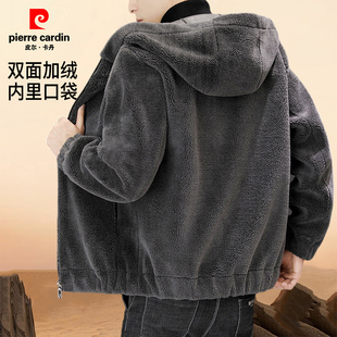 皮尔卡丹秋冬新款两面加绒连帽毛呢大衣男士皮毛一体休闲男装外套