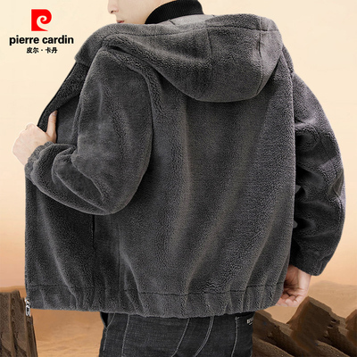 皮尔卡丹秋冬新款两面加绒连帽毛呢大衣男士皮毛一体休闲男装外套