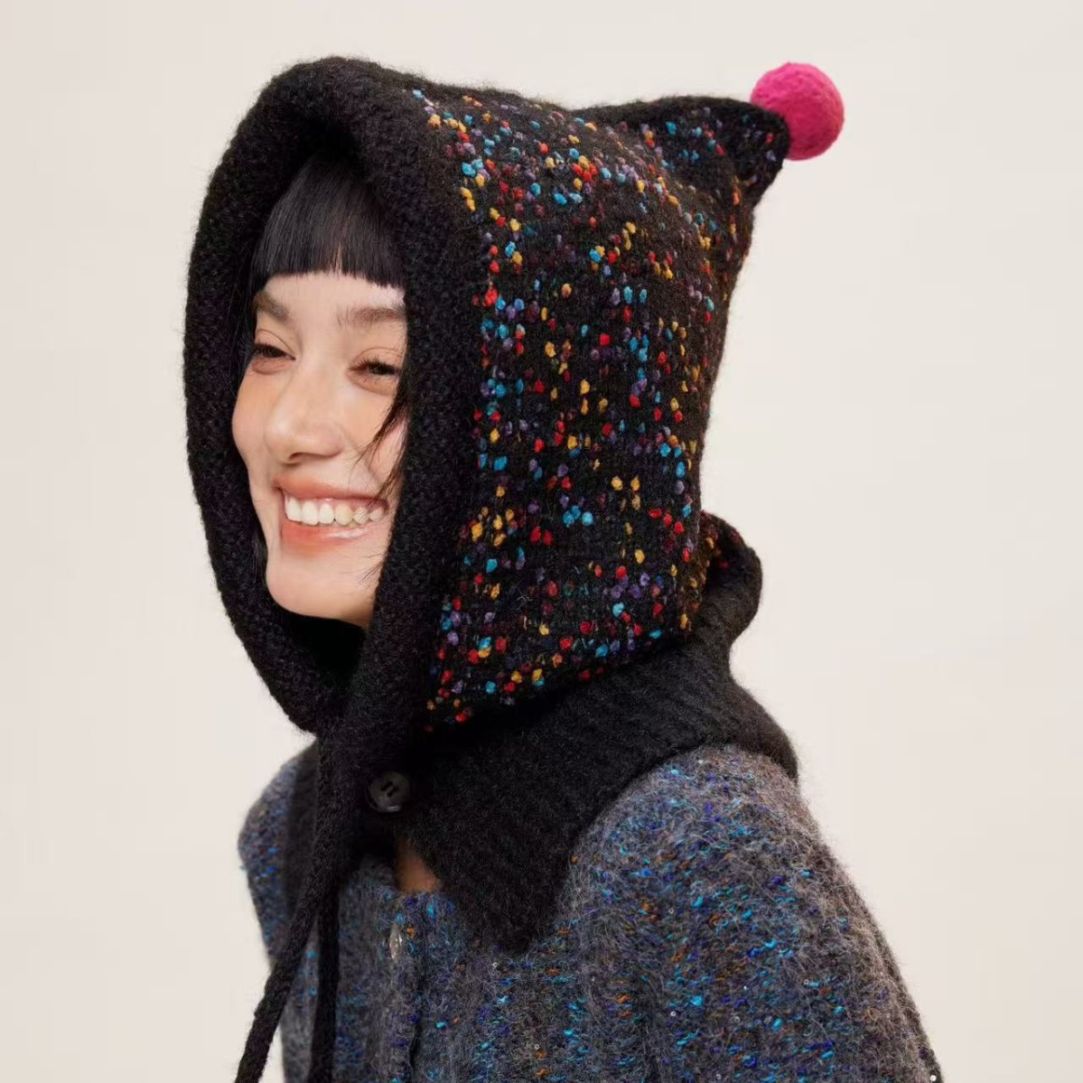 巴拉克拉法帽毛线假帽子波点针织秋冬护耳围脖连帽领子保暖帽披肩