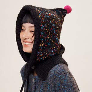 拉法帽毛线假帽子波点针织秋冬护耳围脖连帽假领子保暖圣诞帽披肩