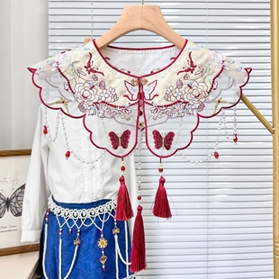 重工云肩刺绣新中式蝴蝶珍珠长流苏马面裙汉服披肩国风明制假领子