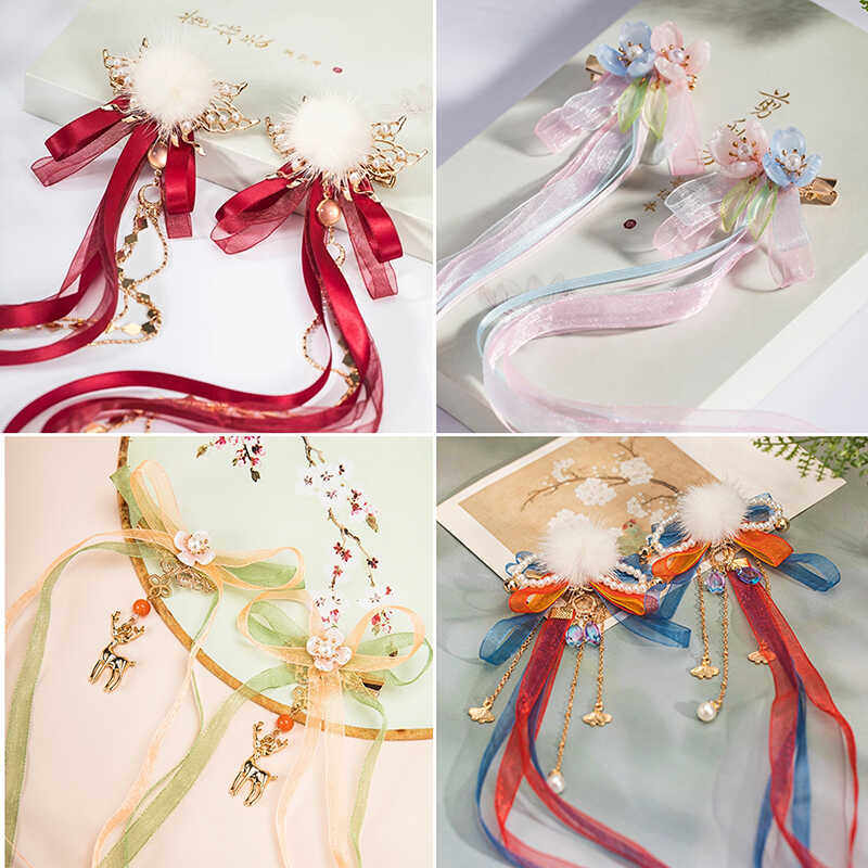 新中式发饰女童古风超仙汉服过年头饰流苏古装马面裙配饰飘带发夹