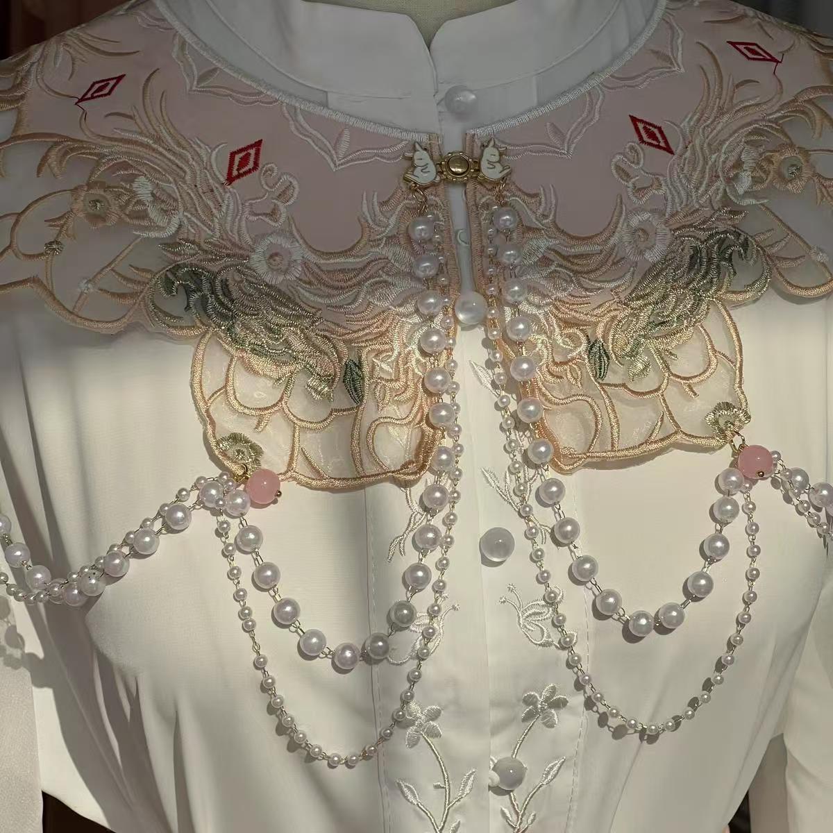 新中式云肩珍珠链粉色刺绣汉服马面裙国风敬酒服旗袍结婚拜年披肩