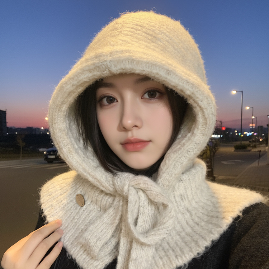 假领子女秋冬加厚大头围巾一体户外针织拉法帽衫假帽子连帽男披肩