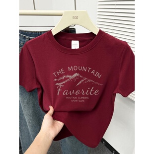 女士红色t恤短袖 休闲宽松显瘦印花漂亮独特正肩体恤 遮肉上衣夏季