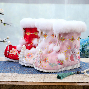 冬季古风汉服棉靴子女童绣花古代古装加绒加厚儿童棉鞋民族风唐装