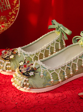 现货绣禾缘汉服鞋手工串珠内增高布鞋古装秀禾婚鞋绿色明制中式