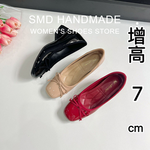 绝美不累脚芭蕾鞋 羊皮版 女夏新款 蝴蝶结粗跟浅口单鞋 增高7cm法式