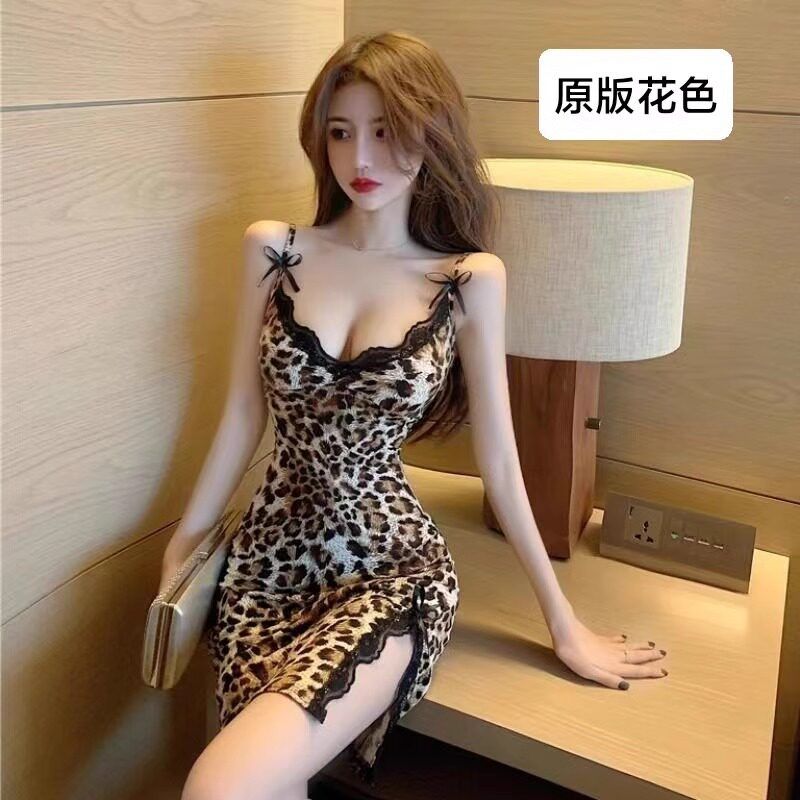性感豹纹吊带睡衣冰丝家居服蕾丝