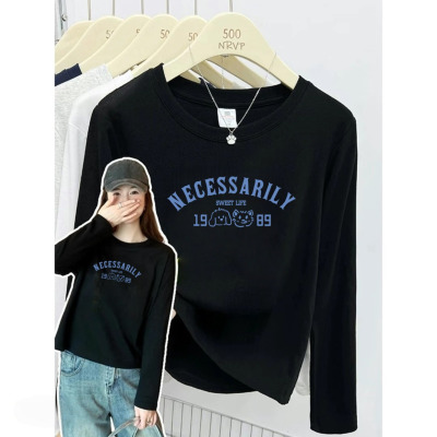2025新款纯棉长袖t恤女春秋冬黑色字母印花百搭打底衫可外穿上衣