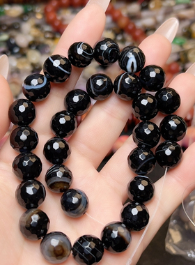 M364。12mm缠丝黑玛瑙刻面一条