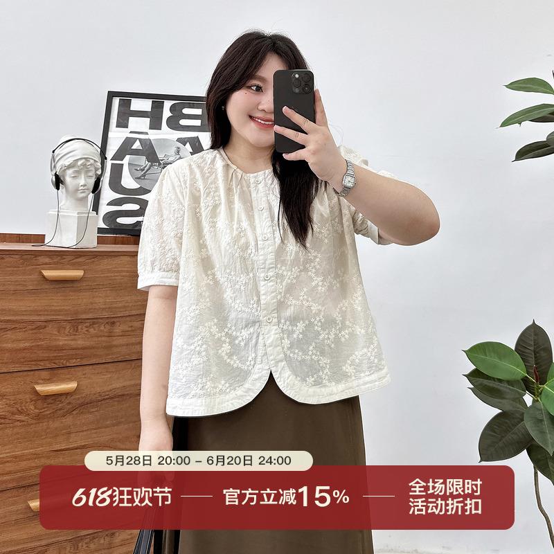 宛宛大码女装2024夏季新款显瘦遮肉上衣胖mm法式蕾丝雪纺短袖衬衫
