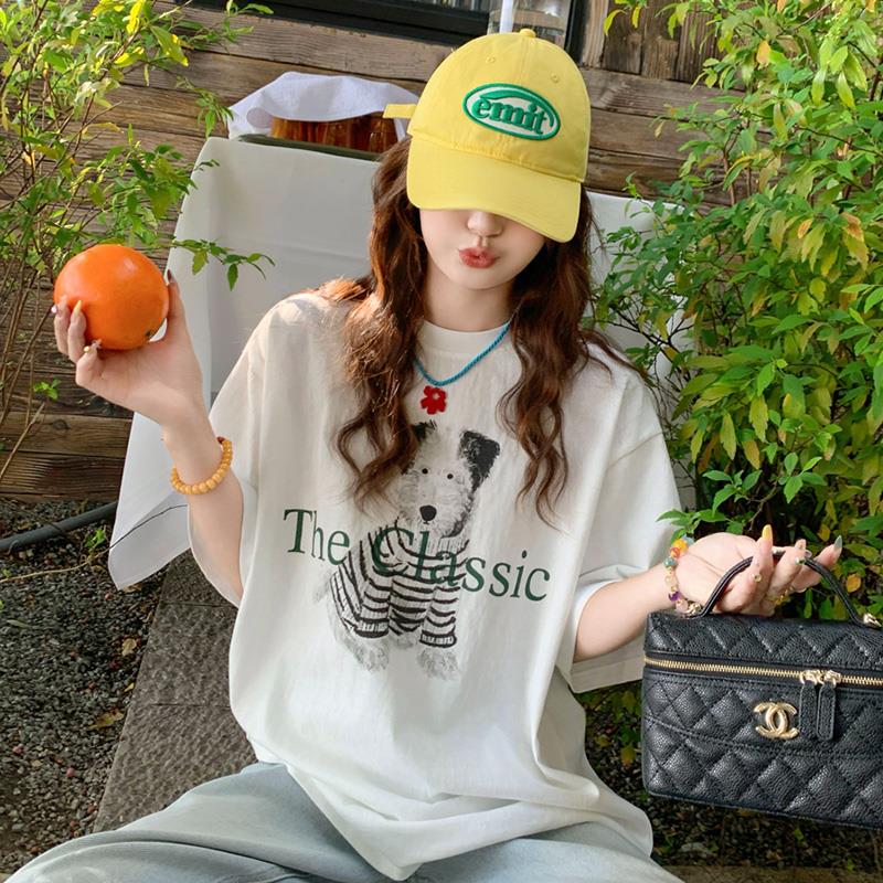 白色圆领印花短袖T恤女2025新款夏季设计感半袖宽松薄款小众上衣