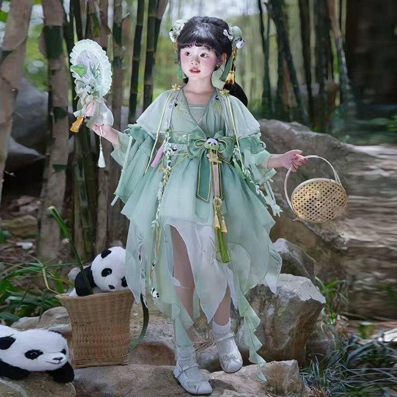 女童汉服超仙古风蓬蓬裙中国风绿色公主裙夏季森系户外写真拍照女