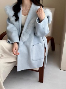 羊绒呢子外套狐狸毛 短款 韩国定制双面羊毛大衣女2025秋冬季 新款