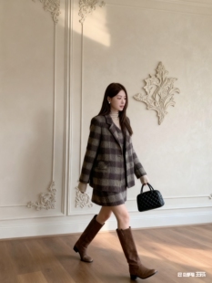 韩国定制SEVEN格子西服外套背心裙女士小香风气质外套装 秋冬款