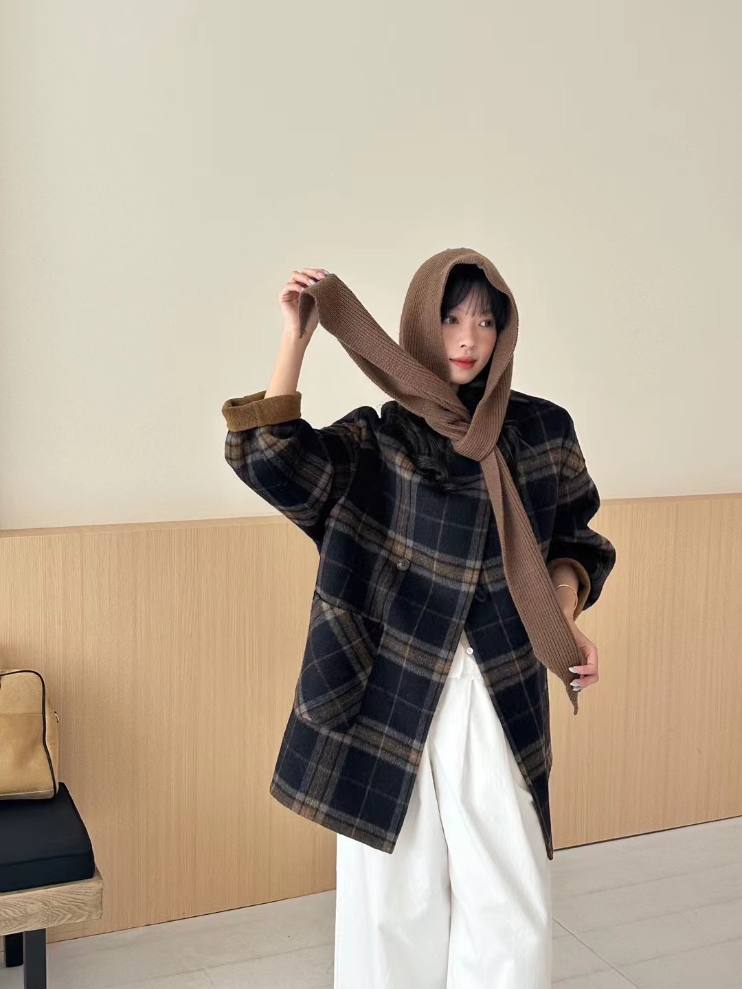 韩国定制SEVEN双面羊绒大衣女2025新款复古格纹连帽设计软糯羊毛