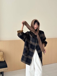 韩国定制SEVEN双面羊绒大衣女2025新款 复古格纹连帽设计软糯羊毛