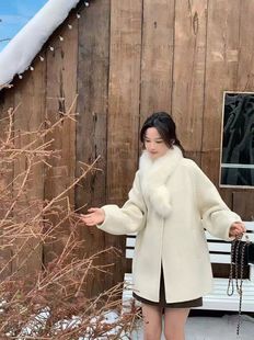 韩国定制SEVEN2025秋冬新款 外套 狐狸毛领双面羊毛大衣女中长款