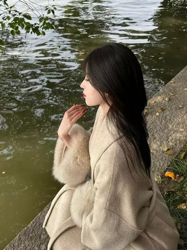 韩国定制韩剧女主长款保暖羊绒大衣女装狐狸毛袖口毛呢外套秋冬