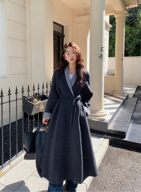 韩国定制SEVEN2025秋冬新款羊绒大衣手工双面羊毛撞色长款外套