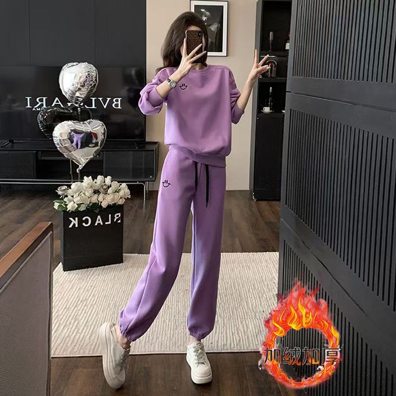 秋冬穿搭成套新款加厚炸街活力运动紫色长袖卫衣休闲套装女两件套