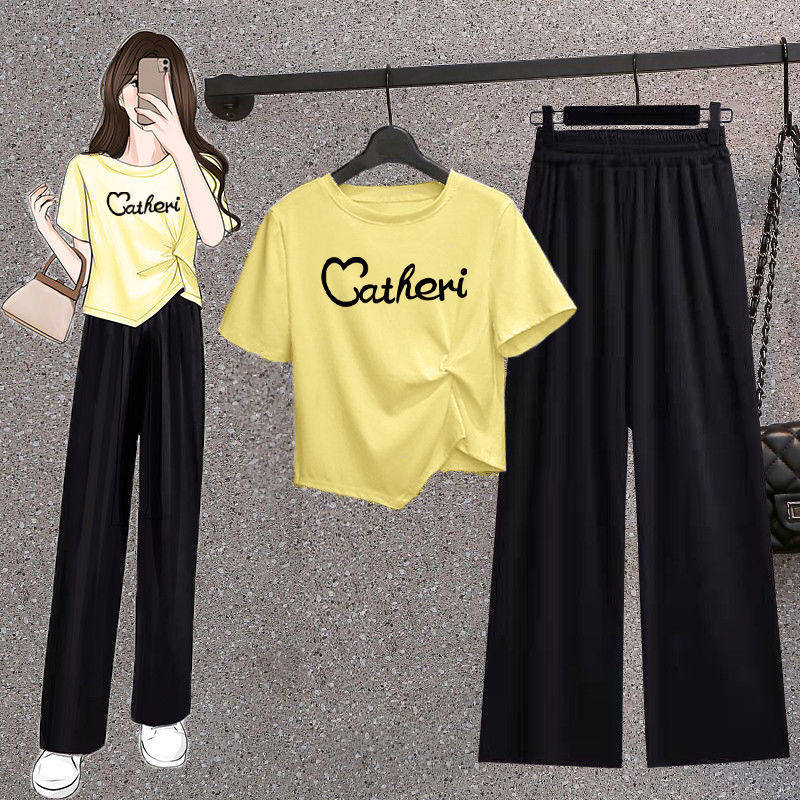 정장 여성 여름 스타일 2024 신상 불규칙 반팔 여름 루즈한 9부 와이드 팬츠 캐주얼 투피스 트렌디 세트