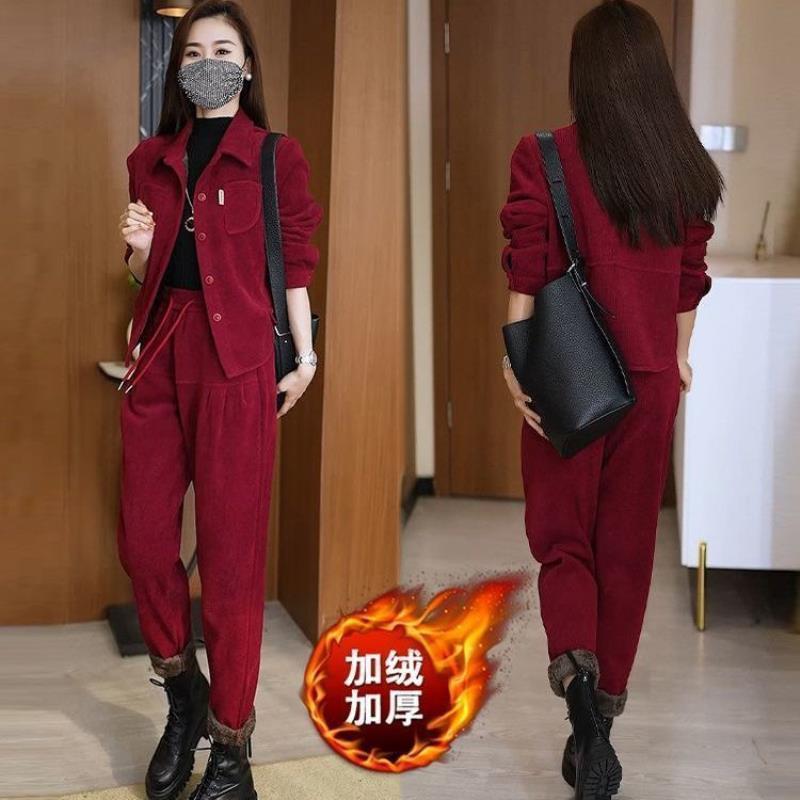 灯芯绒休闲运动套装女2025秋冬新款洋气质长袖开扣外套长裤两件套