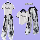 两件套 新中式 正肩国风休闲时尚 套装 冰丝上衣雪纺垂直感阔腿裤 夏季