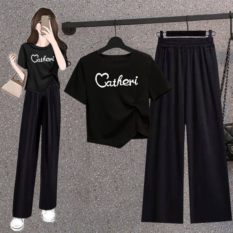 정장 여성 여름 스타일 2024 신상 불규칙 반팔 여름 루즈한 9부 와이드 팬츠 캐주얼 투피스 트렌디 세트