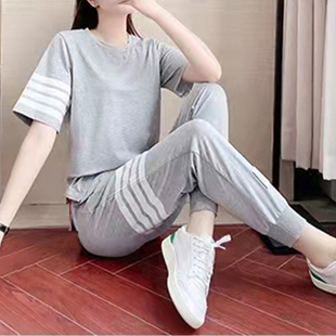 运动套装女夏款薄款短袖T恤长裤四条杠韩版宽松跑步服休闲两件套