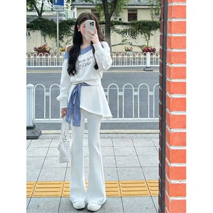 时尚套装女春秋季新款韩版气质拼接条纹斜肩长袖休闲微喇裤两件套