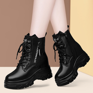 气质真皮马丁靴女加绒秋冬季新款小个子单靴春秋款短靴内增高靴子