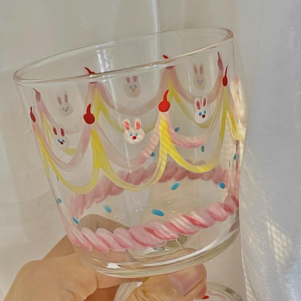 日本可爱卡通手绘小兔彩带玻璃杯甜点冰淇淋杯牛奶杯咖啡杯水杯