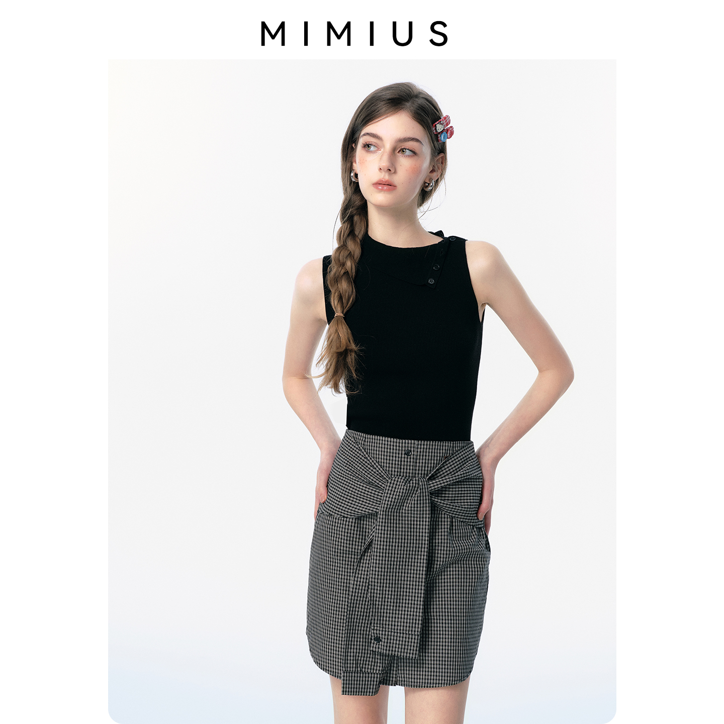 【mimius】游鹿鹿 设计感无袖翻领修身针织背心+格子裙裤 WG04110
