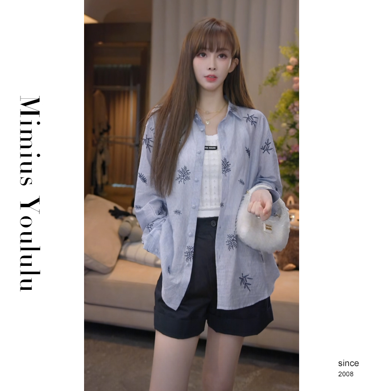 【mimius】游鹿鹿 时髦慵懒通勤重工刺绣长袖衬衫 G07237