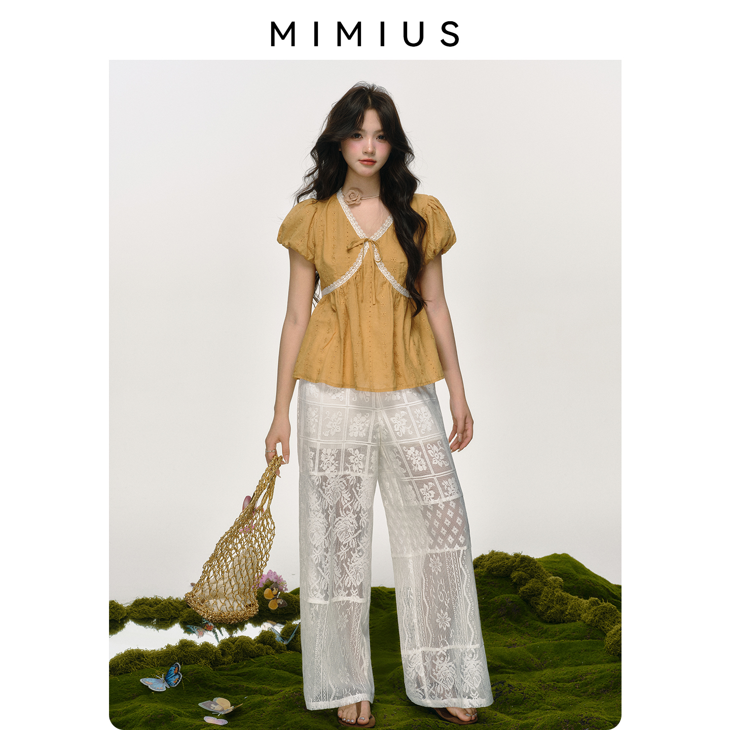 【mimius】游鹿鹿 复古设计感蕾丝拼接V领上衣+长裤（松紧腰）G06