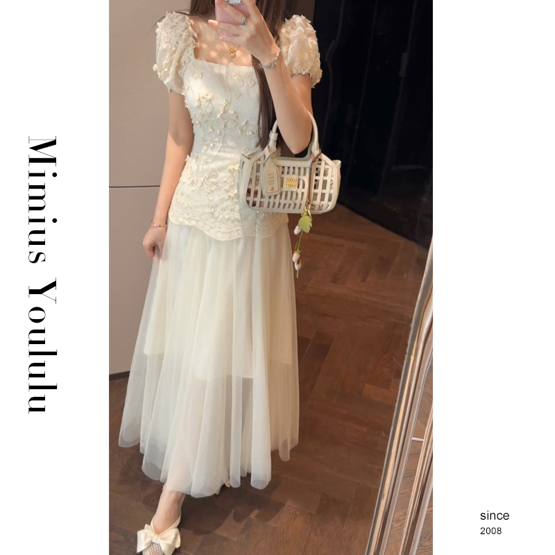 【mimius】游鹿鹿 白玉兰～重工千金感立体花朵泡泡袖拼接连衣裙