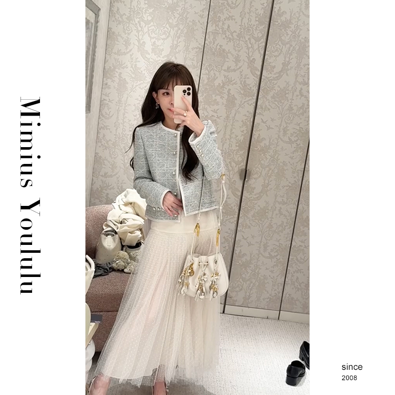 【mimius】游鹿鹿 25早秋小香风名媛气质菱格粗花呢外套+裙裤  G0