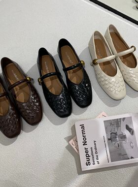 法式复古真皮编织内增高玛丽珍鞋女秋季一字扣带浅口单鞋C6231