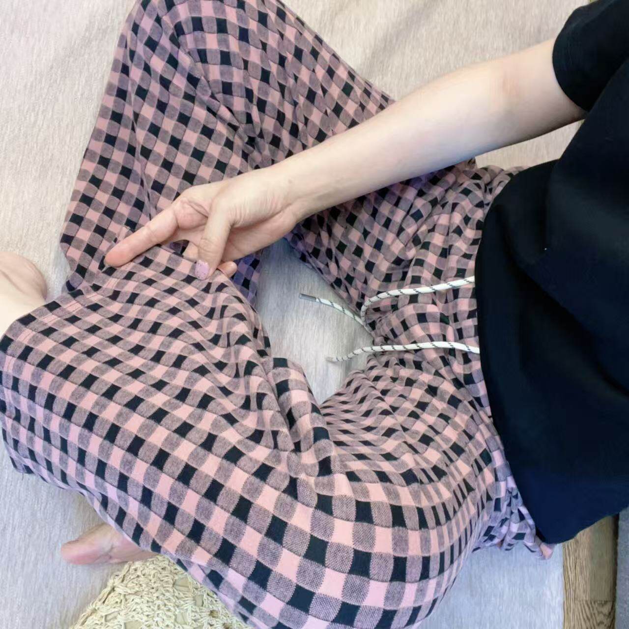 秋冬加厚双面磨毛家居裤韩版宽松休闲裤子可外穿遛弯裤子格子薄款