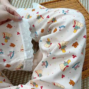 蕾丝花边拼接棉绸睡裤女夏薄款印花可爱卡通日森系甜美遛弯裤