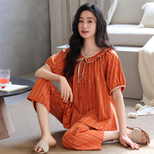 拉架棉睡衣女夏季短袖七分裤薄款可外穿大码碎花妈妈纯棉家居服